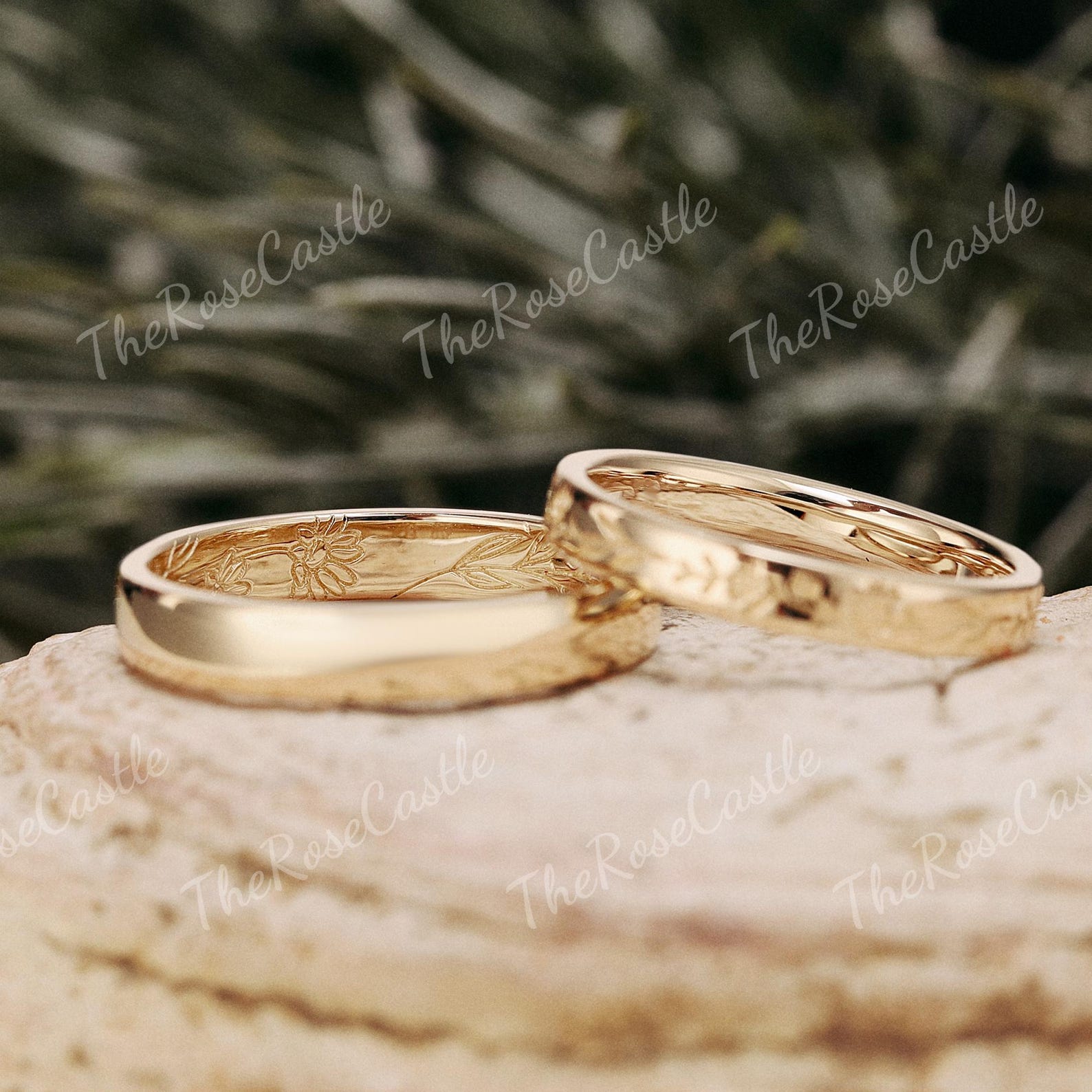 Unique Leaf Engraving Wedding Band Set 2pcs Yellow Gold Matching Rings Unique Leaf Engraving Wedding Band Set 2pcs Yellow Gold Matching Rings