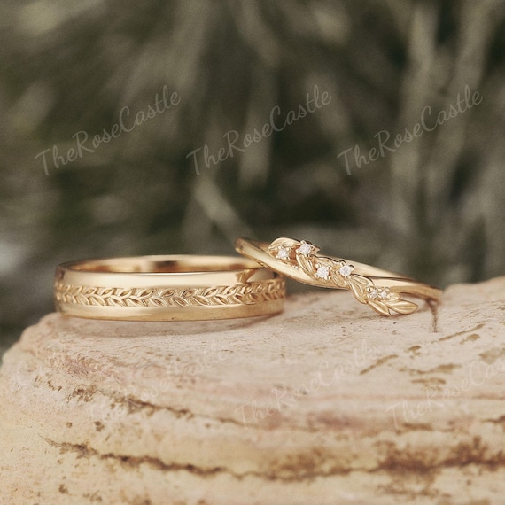 2pcs Leaf Couples Ring Set for Men and Women Yellow Gold Leaf