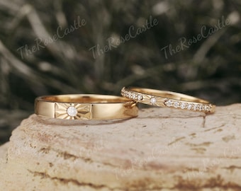 Leaf Couple Ring Set Unique Solid Gold Plain Wedding Band His and
