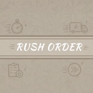 Puede incluir: Fondo beige con un patrón floral y las palabras "RUSH ORDER" en blanco. La imagen incluye dibujos lineales de un cronómetro, un camión de reparto, una lista de verificación y un símbolo de avance rápido.
