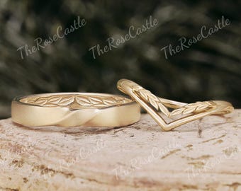 2pcs Nature Inspired Leaf Couple Rings Set Solid Gold Engraving Wedding Band Set, Anniversary Gift