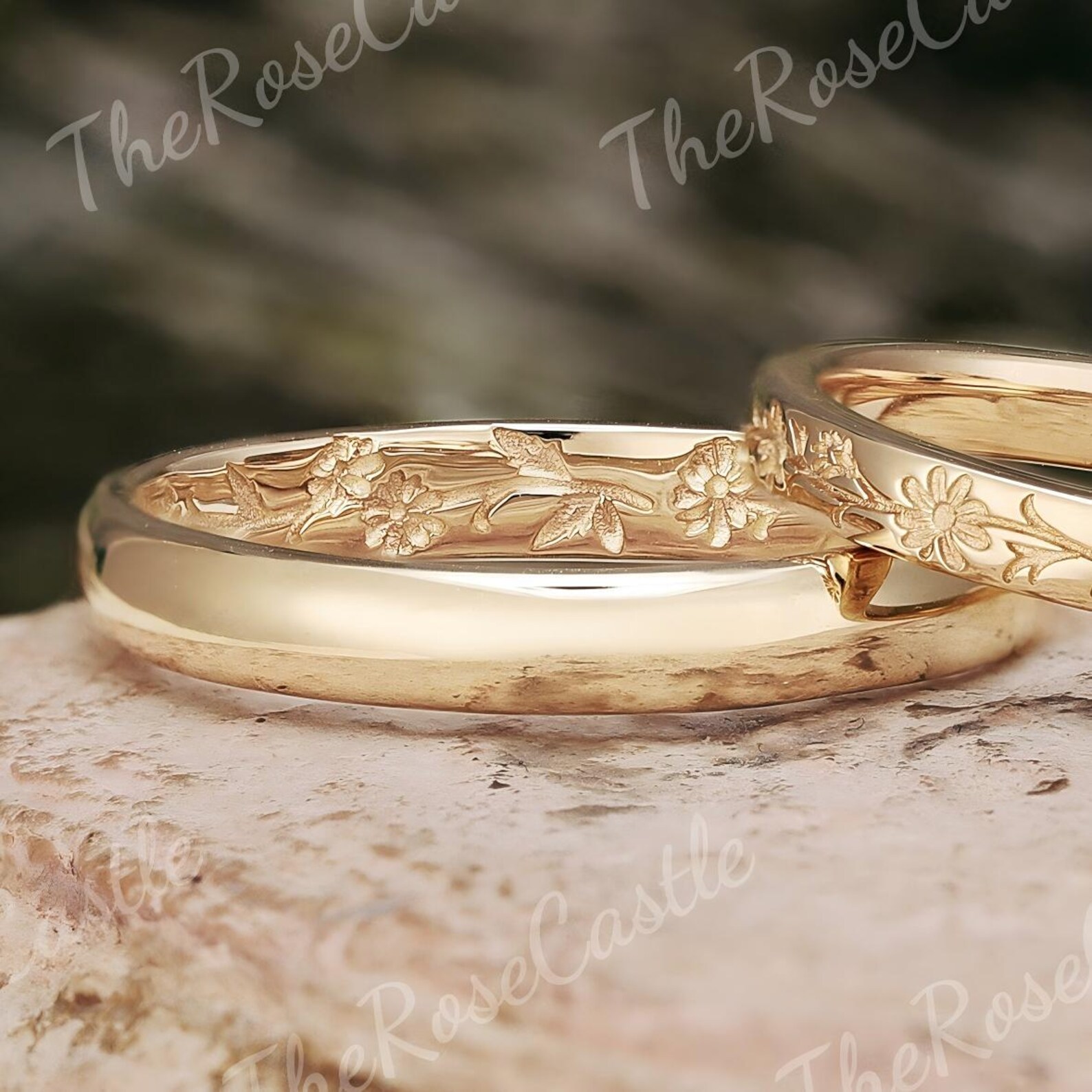 Unique Birth Flower Engraving Wedding Band Set Solid Gold Matching Unique Birth Flower Engraving Wedding Band Set Solid Gold Matching