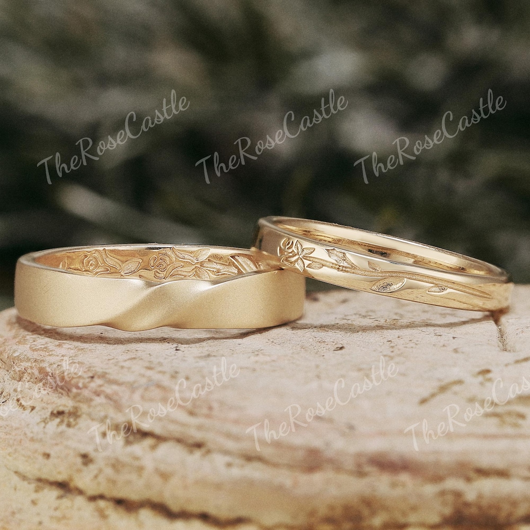 2pcs Rose Engraving Wedding Band Set Nature Inspired Couple Ring Set ...