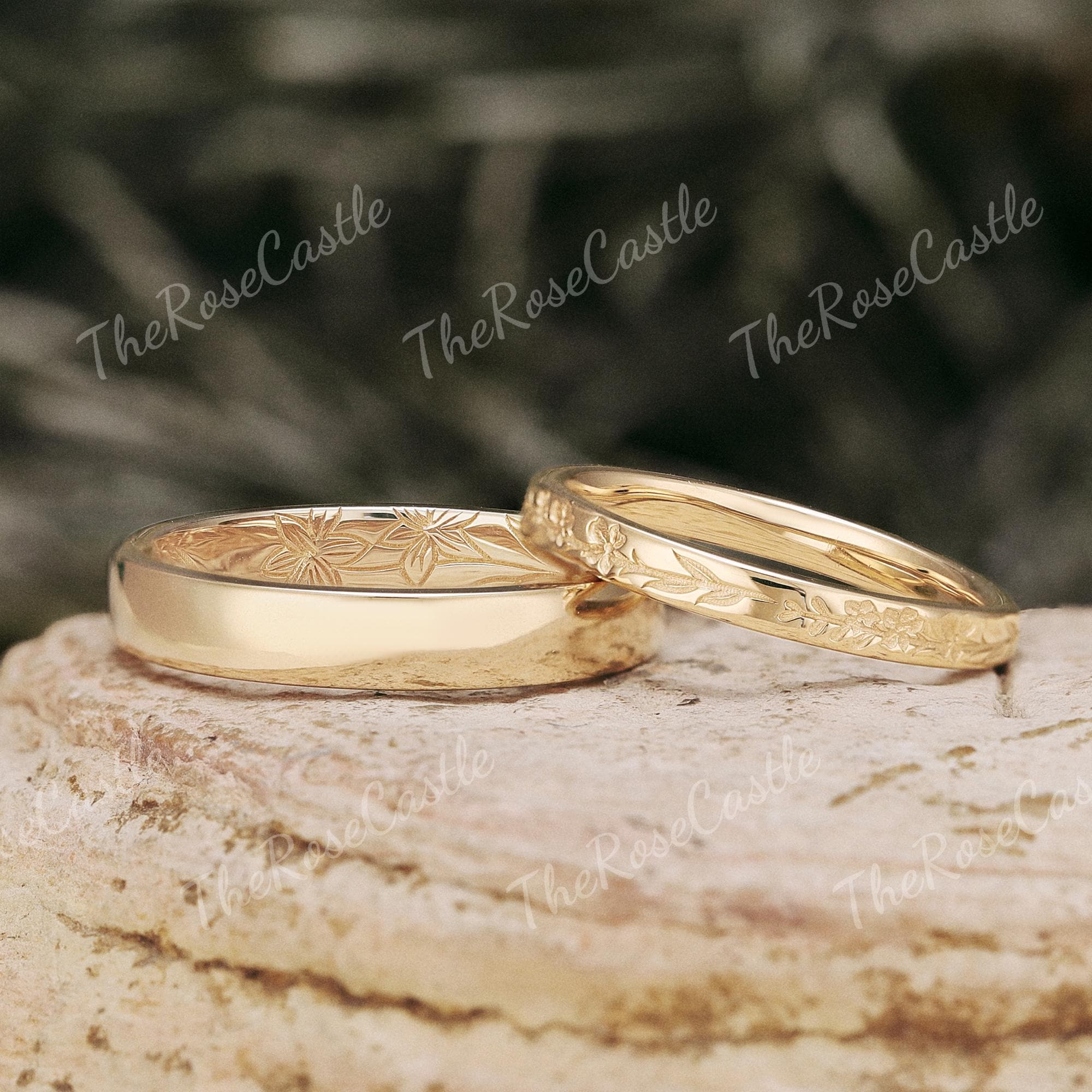2pcs Nature Inspired Couple Rings Set Solid Gold Birth Flower His