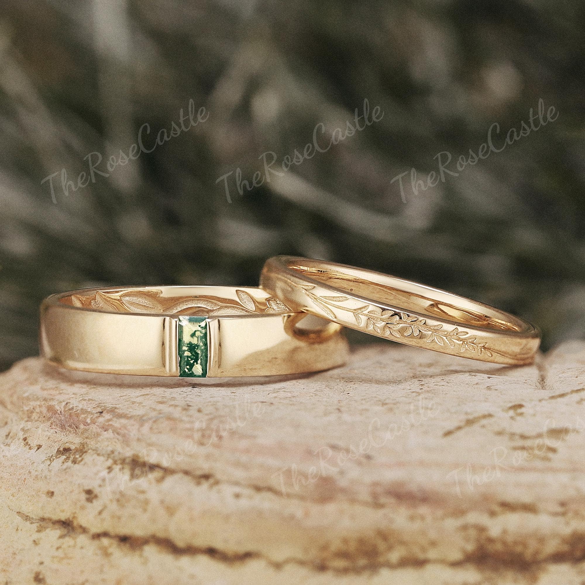 Moss Agate Couple Ring Set Nature Inspired Leaf Mens Wedding Band