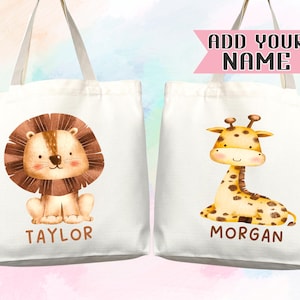 Sac fourre-tout personnalisé pour enfants, cadeau animal de safari pour garderie, sac à langer, nom personnalisé, nom personnalisé, sac de rentrée scolaire pour enfants, maternelle