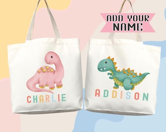 Dinosaur Personalized Name Tote Bag Kids Cute Gift Daycare Diaper Bag Library Custom Name Tote Back to School Bag for Kids Kindergarten