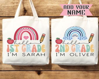 Personalized Kids Tote Bag: Custom Name School Bag, Rainbow Theme