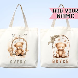 Sac fourre-tout personnalisé avec nom ours en peluche pour enfants, cadeau mignon, garderie, sac à langer