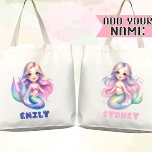 Sac fourre-tout personnalisé sirène pour enfants, cadeau sirène pour garderie, sac à langer, bibliothèque, nom personnalisé, sac de rentrée scolaire pour enfants de la maternelle