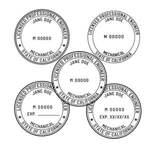 May include: A collection of five black and white mechanical engineer stamps. Each stamp is circular and features the text "LICENSED PROFESSIONAL ENGINEER", "JANE DOE", "MECHANICAL", "STATE OF CALIFORNIA", and a unique serial number.