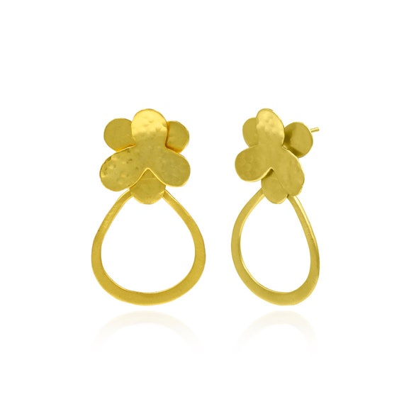 Gold Flower Drop Earrings, Hammered Brass Studs, Minimalist Jewelry