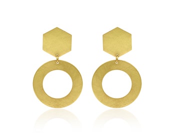 New Collection Brass Earring Hexagon With Circle Dangle Stud Earring Light Weight Jewelry Statement Earring Dainty Jewelry Mom Gift UG-92