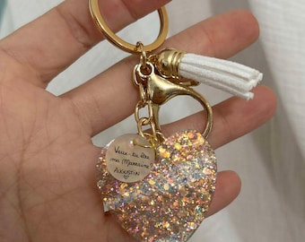 Porte clés Coeur Pailleté avec une médaille personnalisée, Marraine chérie, Veux tu être ma Marraine? Parrain? Annonce