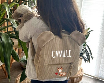 Corduroy backpack personalized with first name / child schoolbag / nursery backpack / nursery schoolbag / kids / bear shape bag