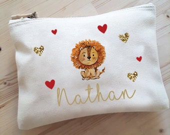 Trousse pochette Lion/ personnalisée / cadeau / enfant / pochette enfant / trousse enfant