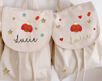 Sac à dos Coccinelle maternelle ou sortie/ enfant / prénom / coton bio / petit sac à dos / crèche / personnalisé