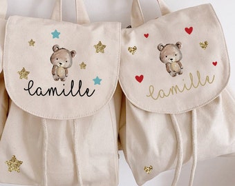 Maternal bear backpack or outing / child / first name / organic cotton / small backpack / nursery / personalized