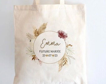 Tote Bag SAC EVJF mariage personnalisé / enterrement de vie de jeune fille / team bride / fleurs séchées / pampa / couronne fleurs séchées