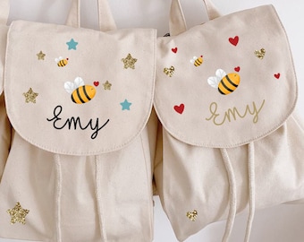 Mochila abeja jardín de infantes o salida / niño / nombre / algodón orgánico / mochila pequeña / guardería / personalizada