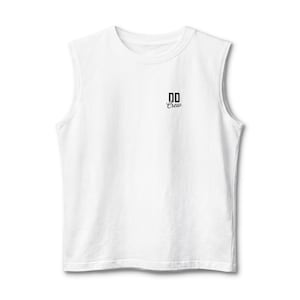 May include: A white sleeveless shirt featuring a crew neckline and a small black graphic on the upper left chest area. The graphic consists of the letters DD in a bold, block font positioned directly above the word Crew in a cursive script.