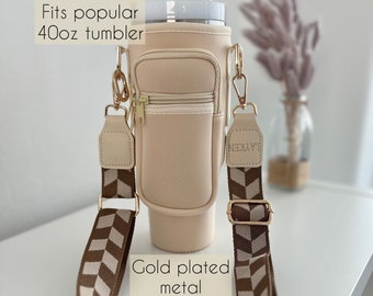 Travel Carrier For 40 oz Tumbler Bottle Holder With Custom Engraved Leather Shoulder Boho Strap Crossbody Tumbler Accessory Sleeve Gift Idea