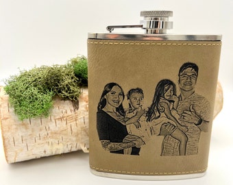 Engraved Flask Portrait Generational Gift Personalized Leather Flask Summer Boating Gift For Military Police Officer Soccer Coach Gift Idea