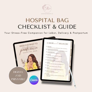 Lista de verificação da bolsa do hospital PDF para impressão Guia para recém-nascidos Lista de embalagem da bolsa de maternidade Planejador de parto Cuidados hospitalares Notas de entrega Pacote pós-parto