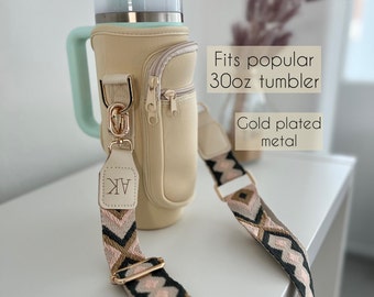 Wearable Cup Tumbler Travel Carrier 30 oz Bottle Holder Custom Engraved Leather Shoulder Boho Strap Crossbody Cute Accessory Sleeve Gift