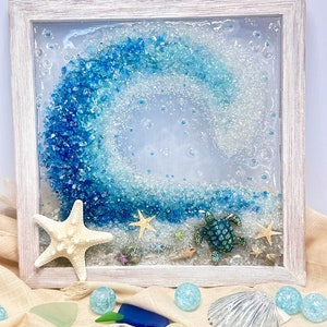 9x9” Crushed Glass Framed Beach Wave Resin Wall Hanging, With Calming Sand, Shells, Stones and Starfish Nautical Art, Handmade Coastal