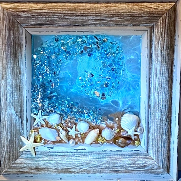 Small 6x6” Framed Crushed Glass Beach Wave Picture-Mixed Media Art-Coastal Art