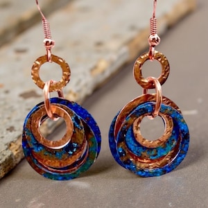 Blue Patina Copper Earrings, Handmade Copper Dangle Earrings, Minimalist Boho Jewelry