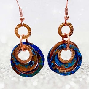 Deep Blue Patina Raw Solid Copper Earrings, Ear Dangles, Minimalist BoHo, Artisan Washer Jewelry, Recycled, For Her, Handmade in the USA