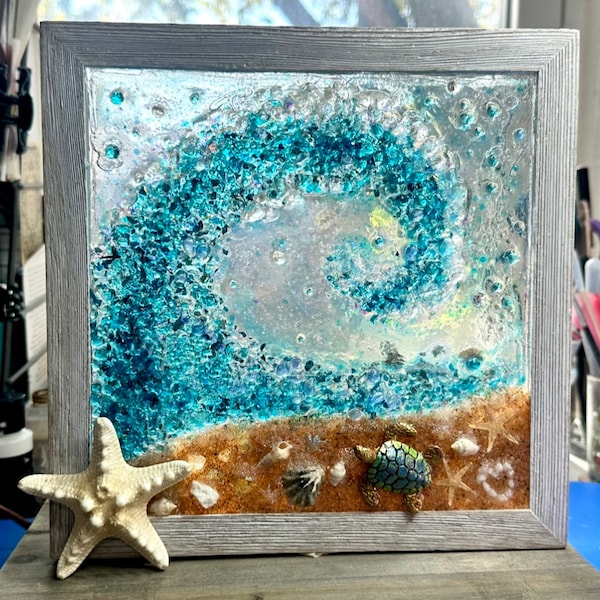 9x9” Crushed Glass Framed Beach Wave Wall Hanging, Crystal Clear Resin Over Calming Sand, Shells, Stones and Starfish Nautical Art, Coastal