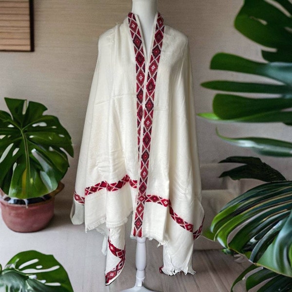 White  Wool Shawl Hand-knit Large Scarf Handmade Embroidery Stole Meditation Prayer Blanket Aztec Design