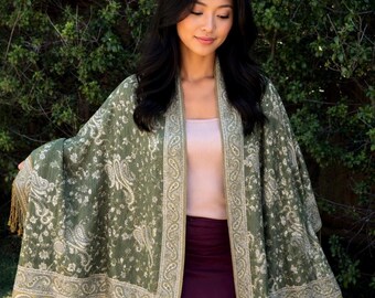 Olive Green Pashmina Cotton Scarf Shawl Wrap Paisley Print Boho