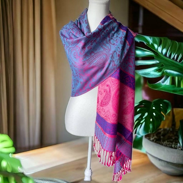 Pink Blue Silk Pashmina Scarf