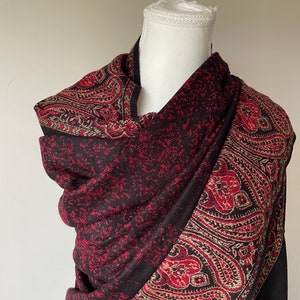 Black Red Wool Shawl Floral Design Knitting Shawl Best Gift for Her Handmade Embroidery Stole Meditation Prayer Blanket