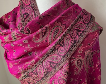 Hot Pink Fuchsia Pashmina Cotton Scarf Shawl Wrap Paisley Print Boho