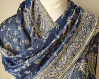 Blue Pashmina Cotton Scarf Shawl Wrap Paisley Print Boho