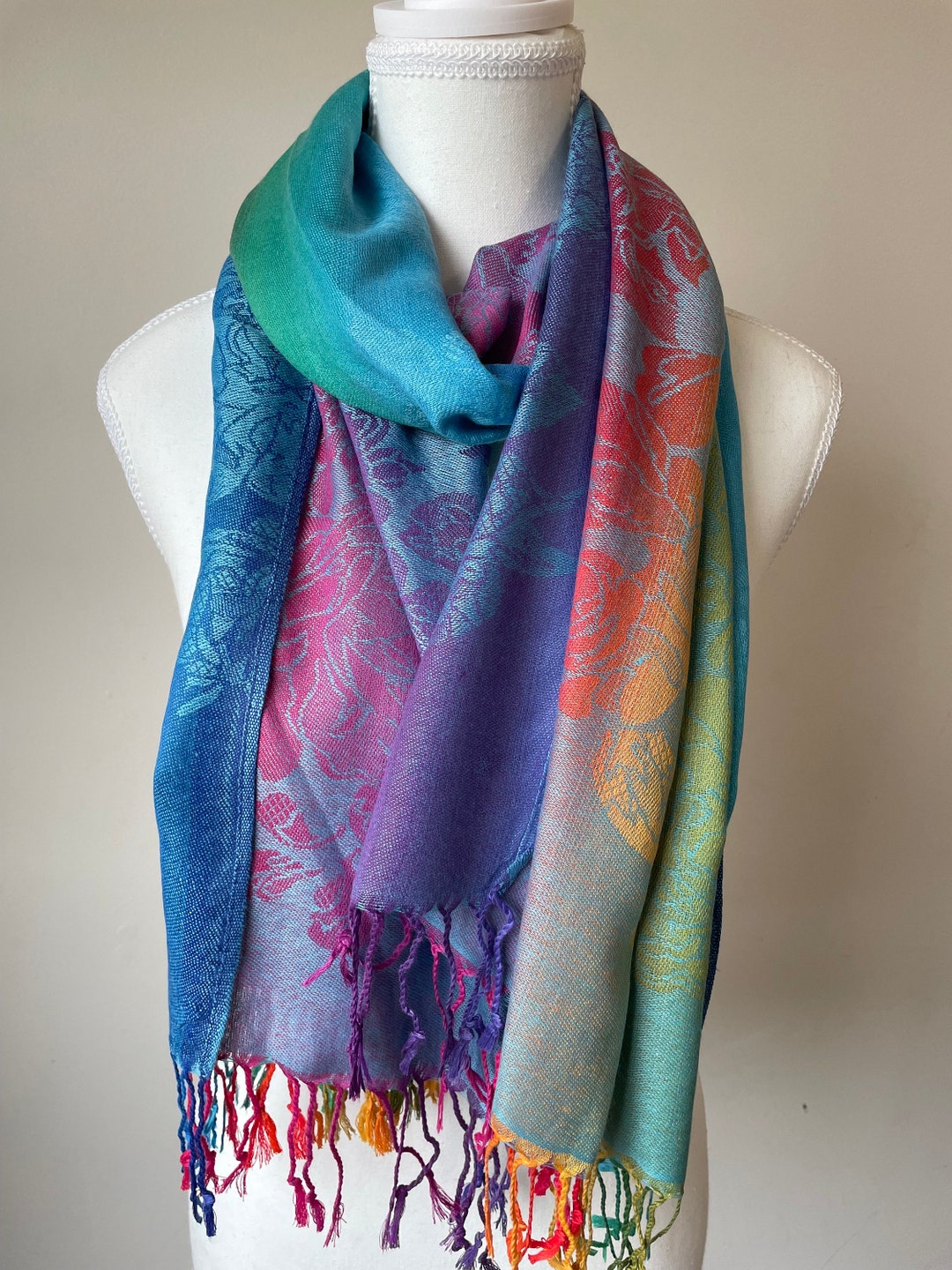 Buy Blue Rainbow Silk Pashmina Scarf Multicolor Shawl Online in India