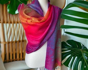 Sunset Orange Rainbow Silk Pashmina Scarf Multicolor shawl