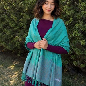 May include: A teal and grey shawl with a fringed edge. The shawl is worn over a dark purple dress with long sleeves. The shawl features a paisley pattern and is made of a soft fabric. A green bush forms the background.