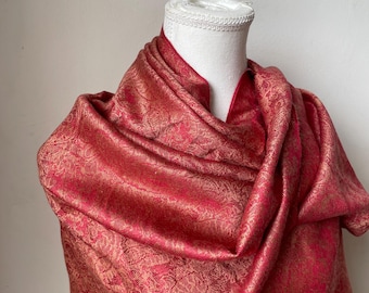 Red Gold Silk Pashmina Scarf Multicolor shawl