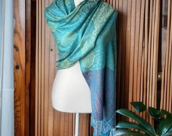 Turquoise Blue Silk Pashmina Scarf Multicolor shawl