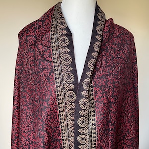Black Red Wool Shawl Floral DesignKnitting Shawl Large Scarf Handmade Embroidery Stole Meditation Prayer Blanket