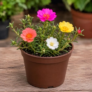 May include: A potted Portulaca plant in a brown plastic container featuring multiple blooms in vibrant shades of hot pink, coral, yellow, and white. The plant has thin, succulent-like green leaves and several unopened flower buds.