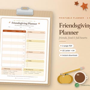 Friendsgiving Planner Printable, Potluck Sign Up Sheet, Thanksgiving Dinner Menu Planner, Shopping List, Hosting Timeline PDF