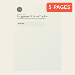 Puede incluir: Una página de documento digital titulada Assignment & Exam Tracker con un círculo verde que contiene el número 102. El texto incluye Quiet House Phase 3A, 2026-27 ready y una insignia rectangular roja en la esquina superior derecha que dice 5 PAGES.