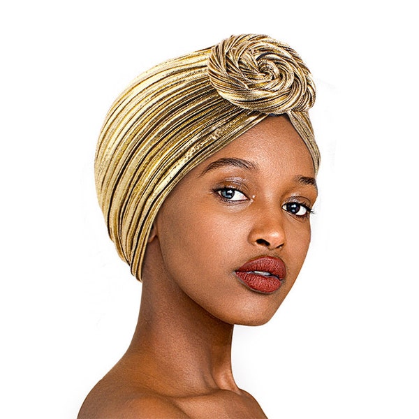 Golden Women Turban Beanie Hat with Flower Chemo Headwear Elastic Head Wrap Cap